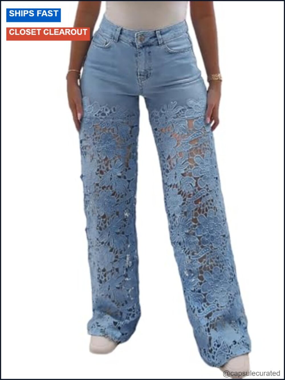 High Waist Wide Leg Jeans Lace Spliced Stretchy Denim Pants with Pockets